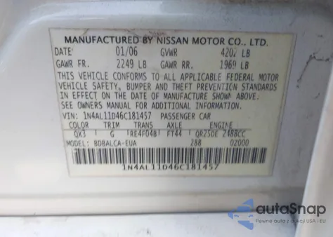 2006 Nissan Altima S/Sl из США, поврежденный, VIN 1N4AL11D46C181457